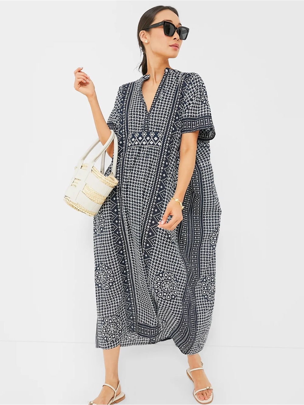 Tuckernuck Emerson Fry Caftan Maxi Coverup Dress Summer Swim Navy White